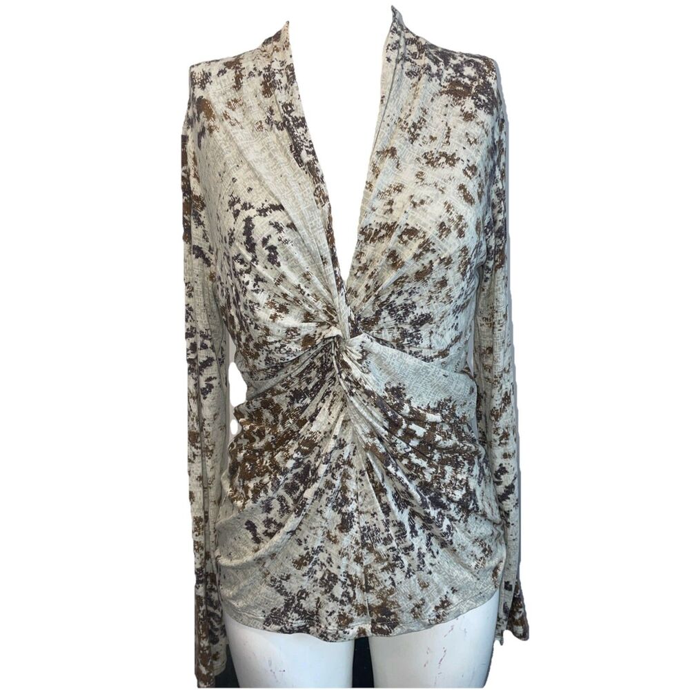 Cabi Eliza Galmour Top Womens Sz Medium Beige Leopard Print Stretch Front Twist